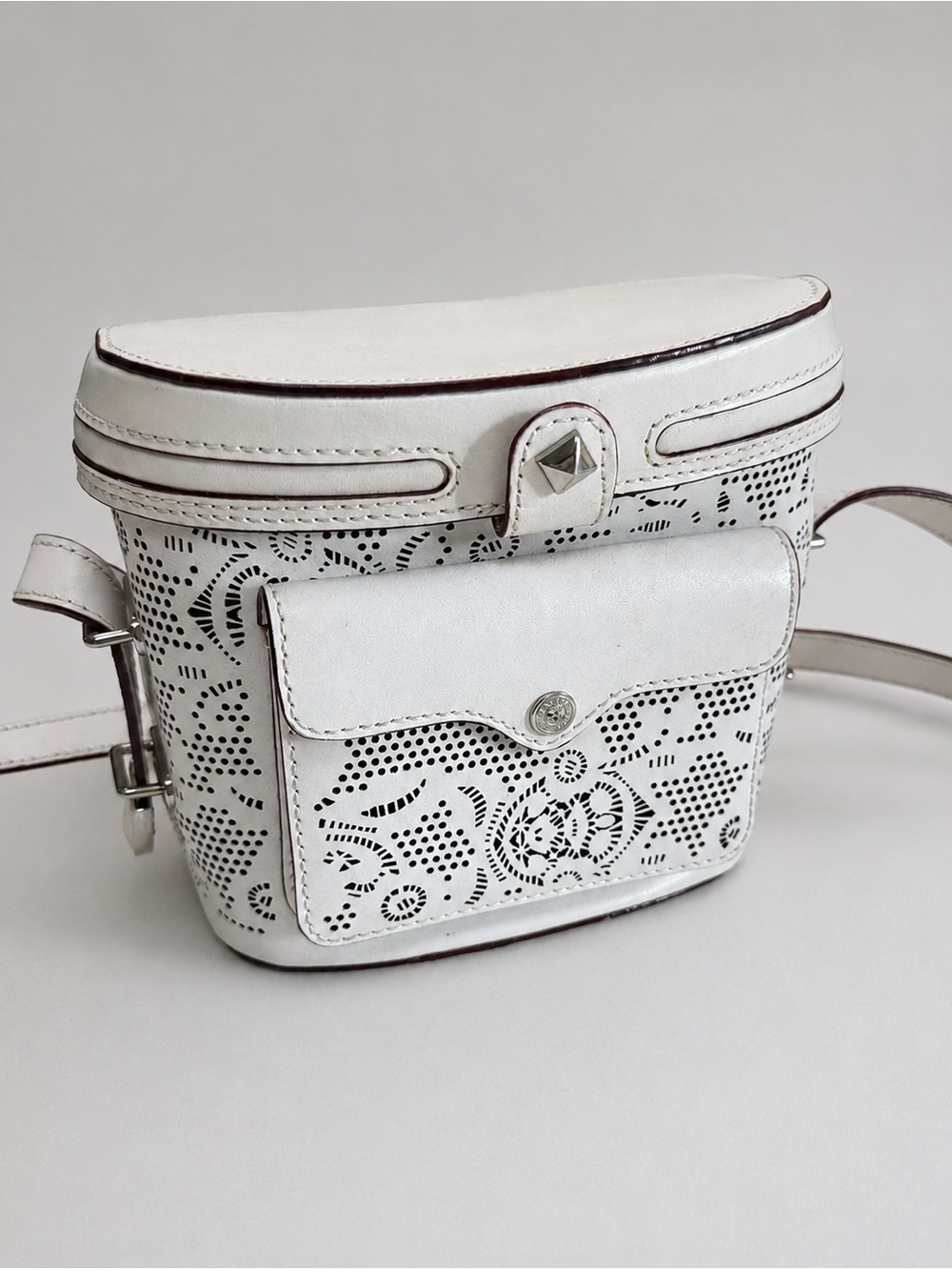 Rebecca Minkoff Collin White Laser Cut Leather Camera Bag Crossbody
